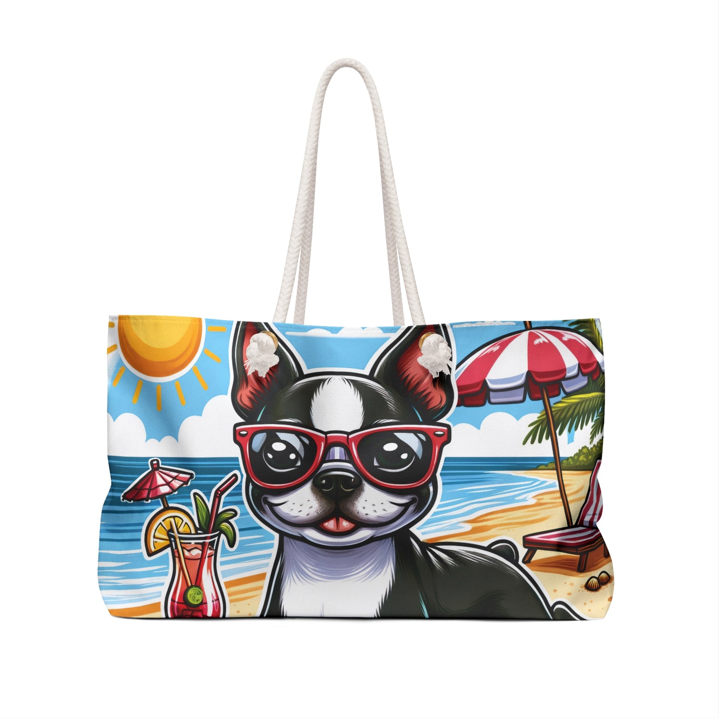 Personalised/Non-Personalised Weekender Bag, Summer Beach Dog, Boston Terrier, Large Weekender Bag, Beach Bag, Book Bag