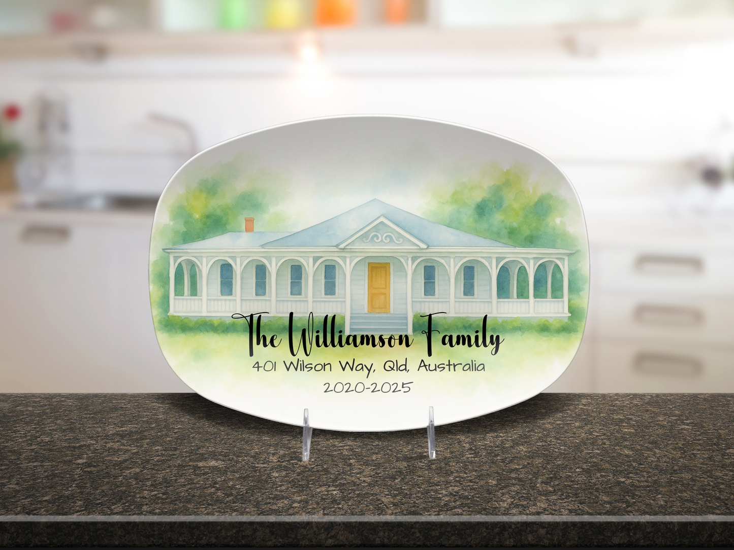 Personalized House Platter, Custom Watercolour Décor, Housewarming Gift, Unique Keepsake Ceramic Oval, Home Portrait Dish