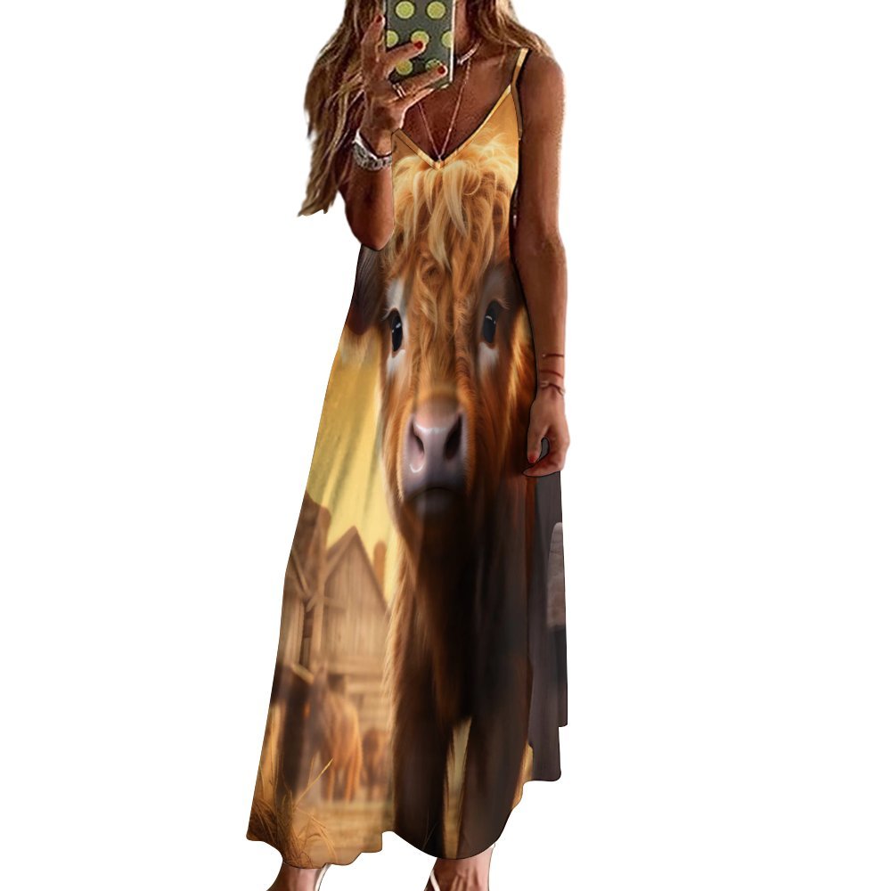 Highland Cow Spaghetti Strap Ankle-Length Dress Long dress