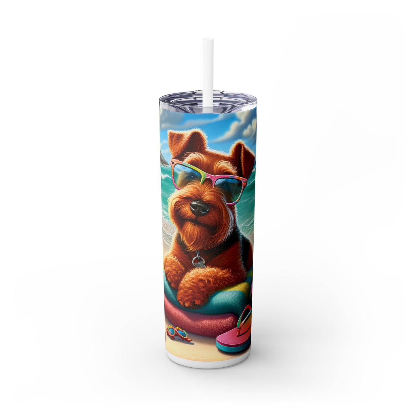 Skinny Tumbler with Straw, 20oz, Dog on Beach, Irish Terrier, awd-1216