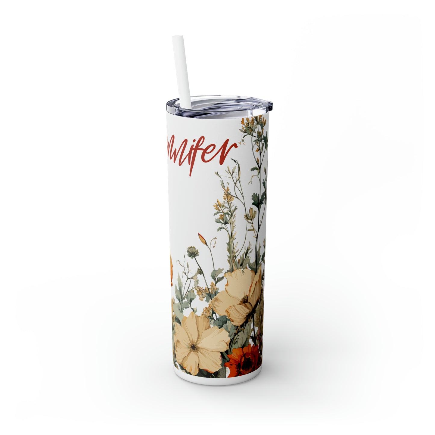 Skinny Tumbler with Straw, 20oz, Personalised, Floral