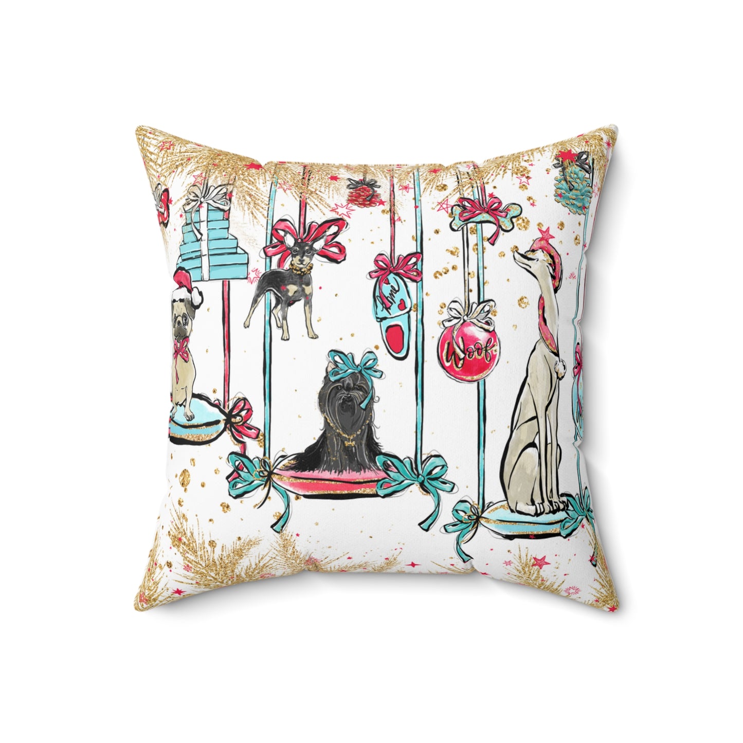 Spun Polyester Square Pillow, Doggie Ornaments Christmas Cushion