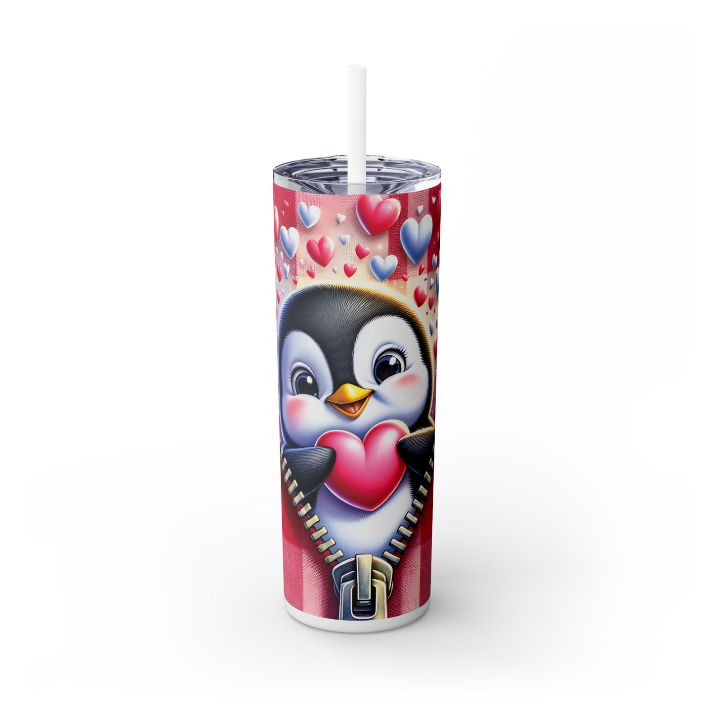 Skinny Tumbler with Straw, 20oz, Penguin, Valentines Day