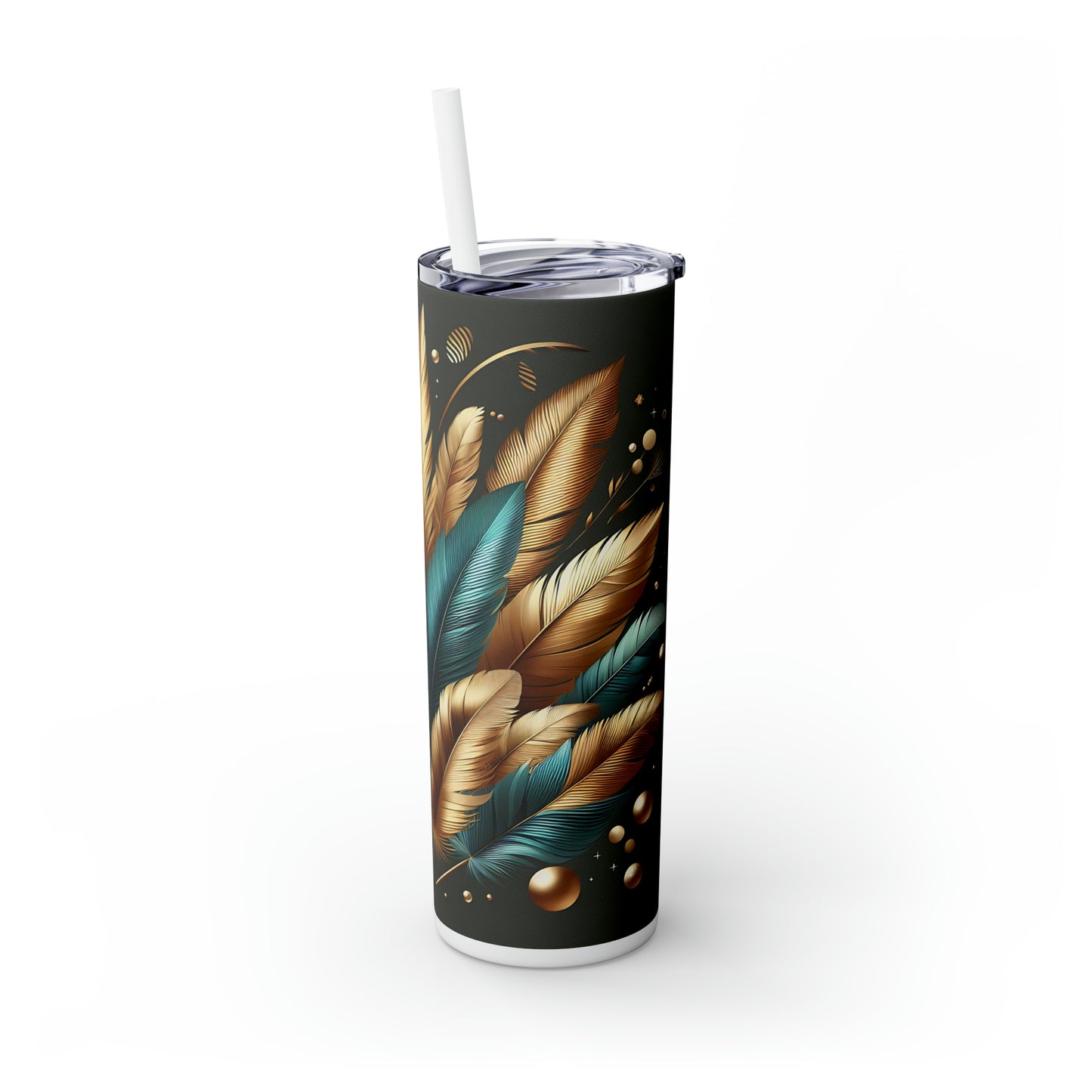 Skinny Tumbler with Straw, 20oz, Green and Gold Leaves, awd-308