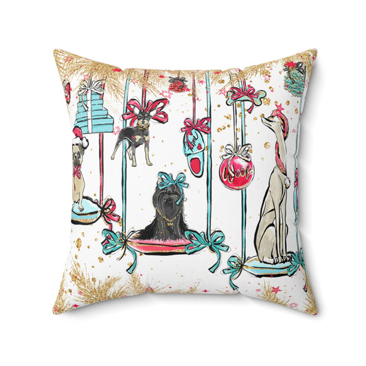 Spun Polyester Square Pillow, Doggie Ornaments Christmas Cushion