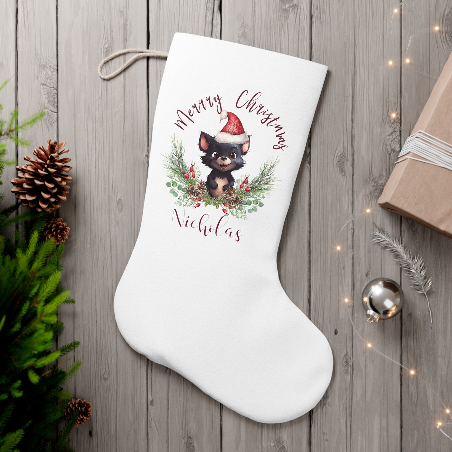 Personalised Santa Stocking, Australian Animals Poinsettia, Tasmanian Devil