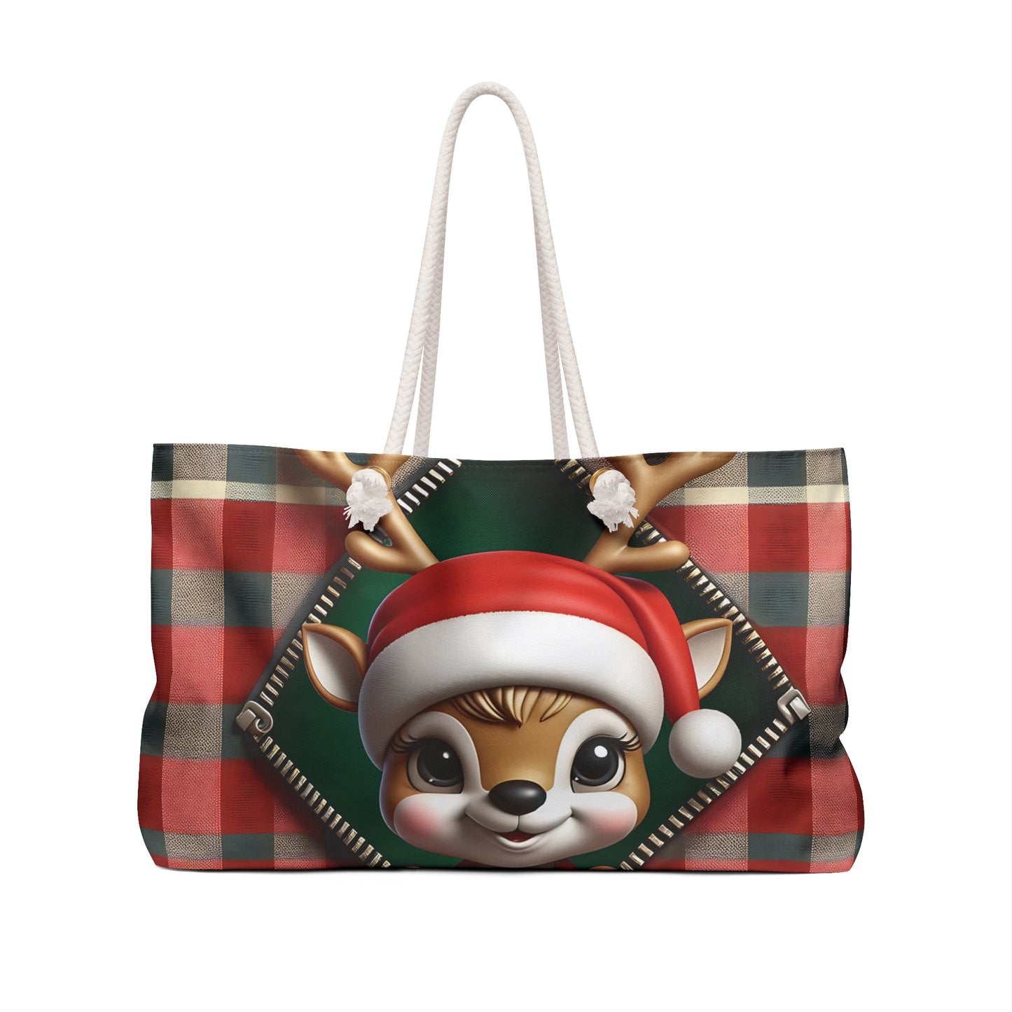 Personalised/Non-Personalised Weekender Bag, Cute Reindeer, Christmas, Tartan, Large Weekender Bag, Beach Bag, Book Bag