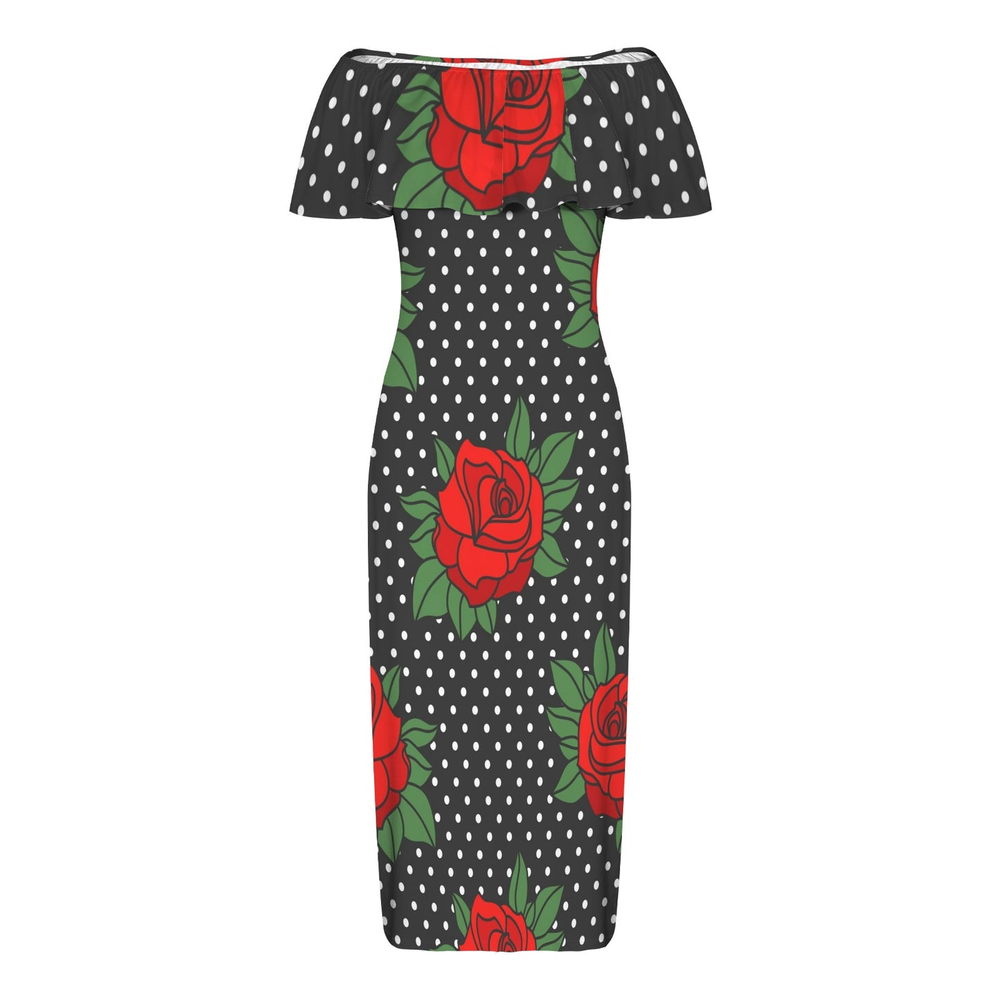 Rockabilly Roses Red Black White Women's Off Shoulder Ruffle Boat Neck Dress (Model D71)