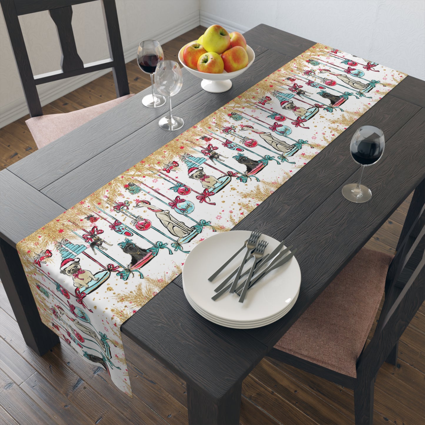 Doggie Christmas Table Runner, Cotton Twill and Poly Available