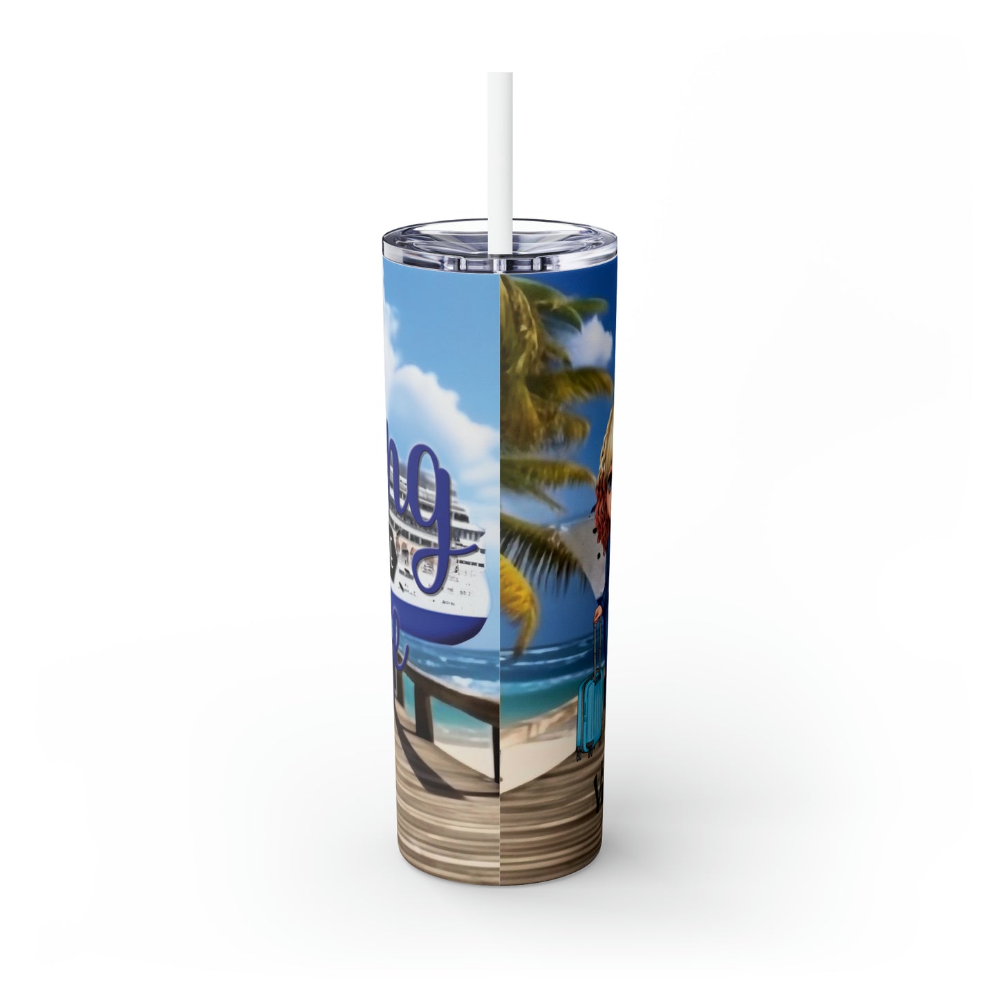 Skinny Tumbler with Straw, 20oz Cruise, Personalised Making Memories One Cruise at a Time, Blonde Hair, Red tips, Blue Eyes