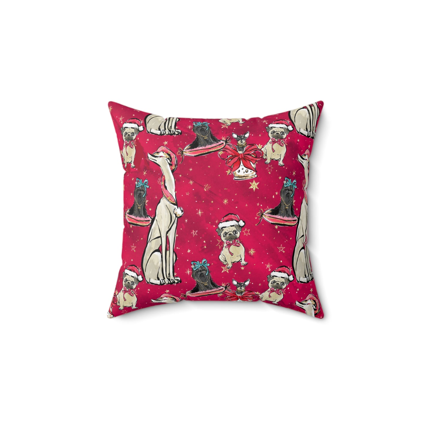 Spun Polyester Square Pillow, Red Doggie Blended Dog Family Christmas Cushion