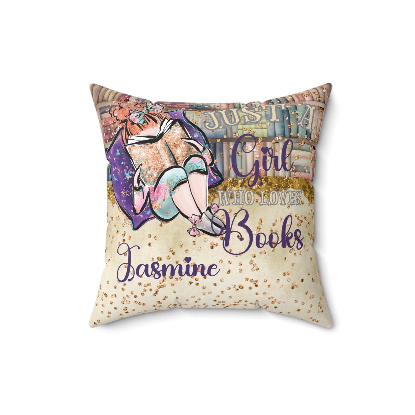 Polyester Square Pillow, Just a Girl who Loves Books, Red Hair