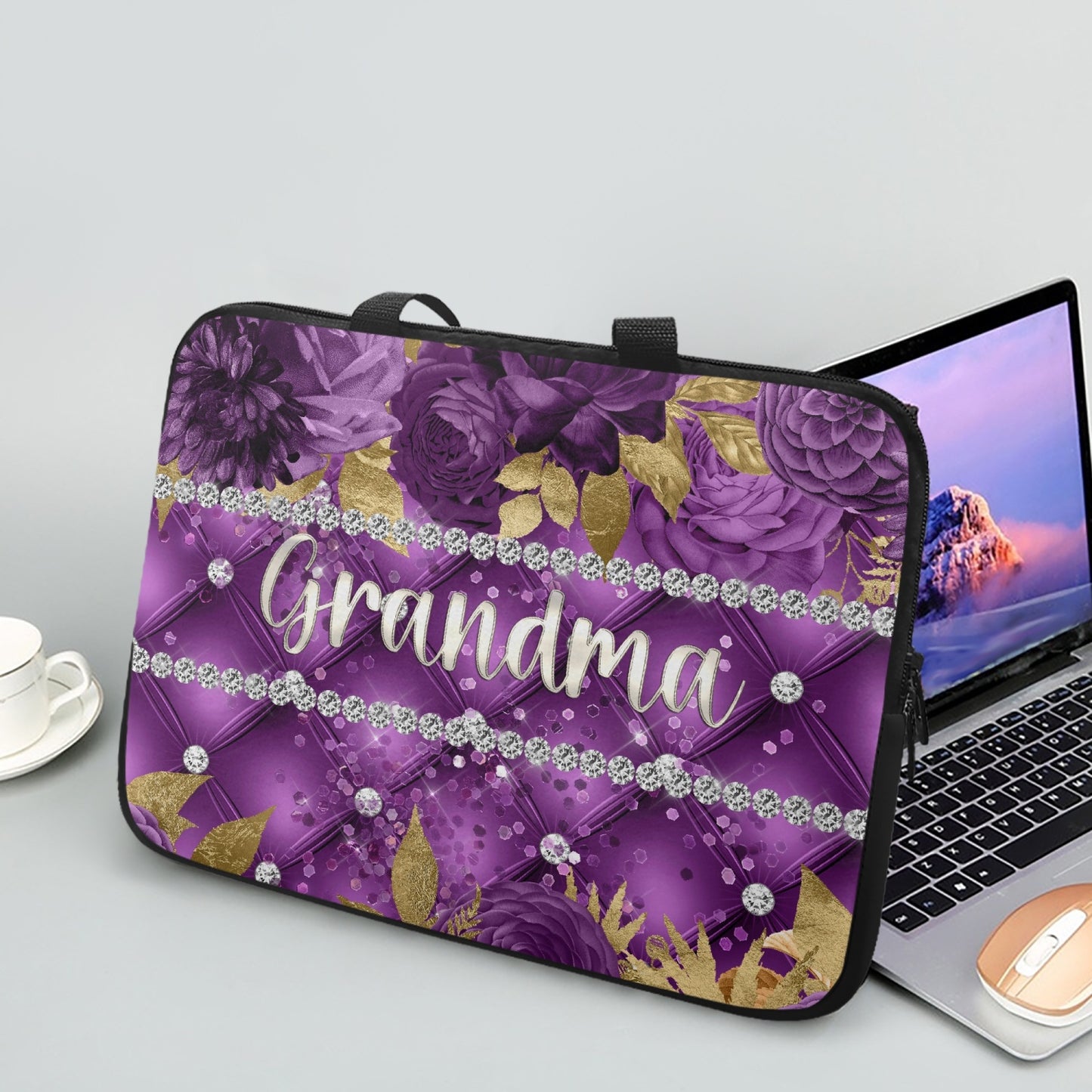 Laptop Sleeve with handles - Purple Floral - Grandma