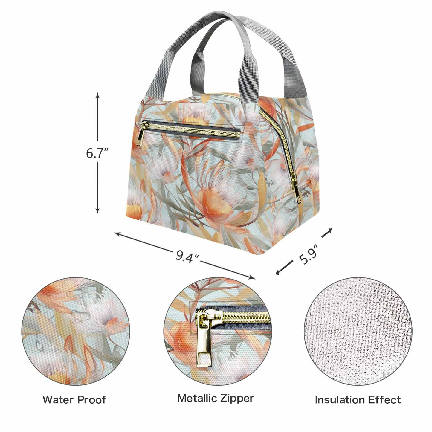 Australian Floral Green  Portable Lunch Bag-Grey Handle