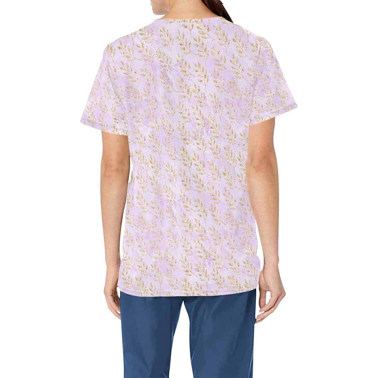 Purple and Gold Leaves  Women's V Neck Scrub Top Nurse Uniform with Deep Front Pockets