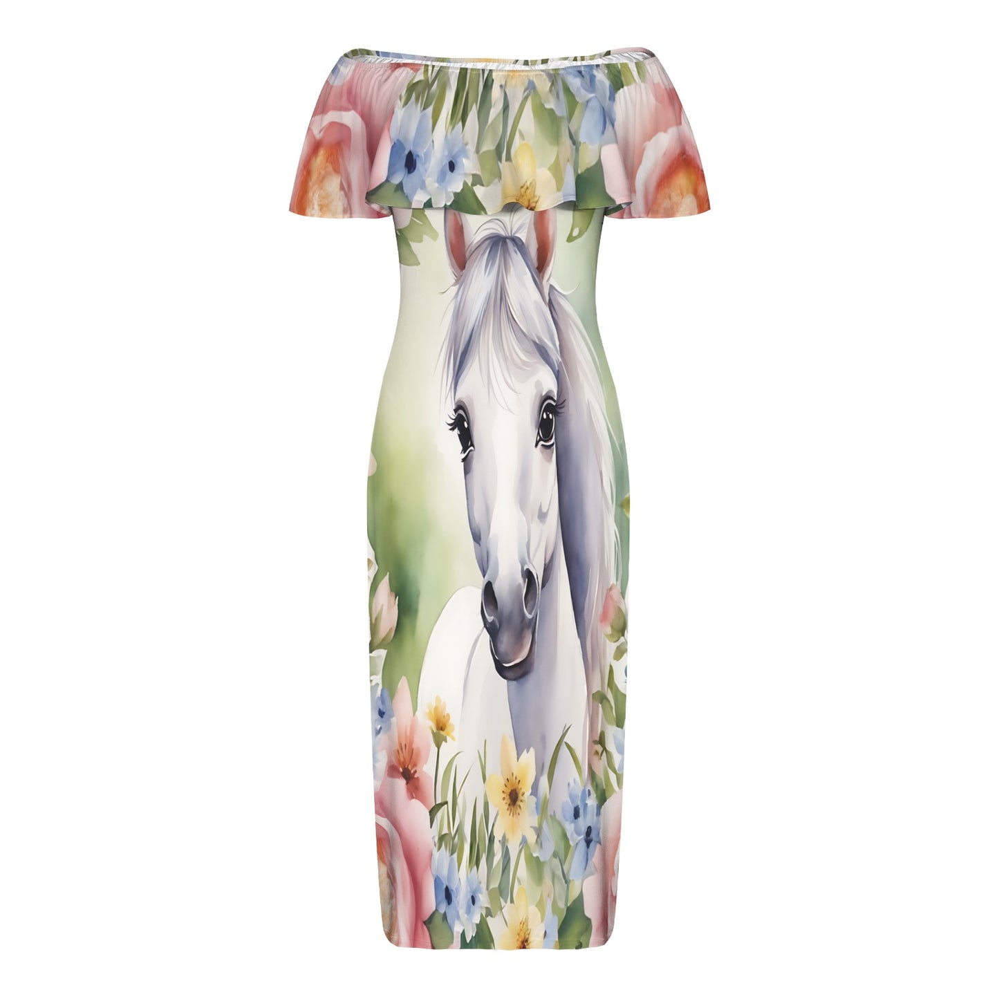 Horse awd303 Women's Off Shoulder Ruffle Boat Neck Dress (Model D71)