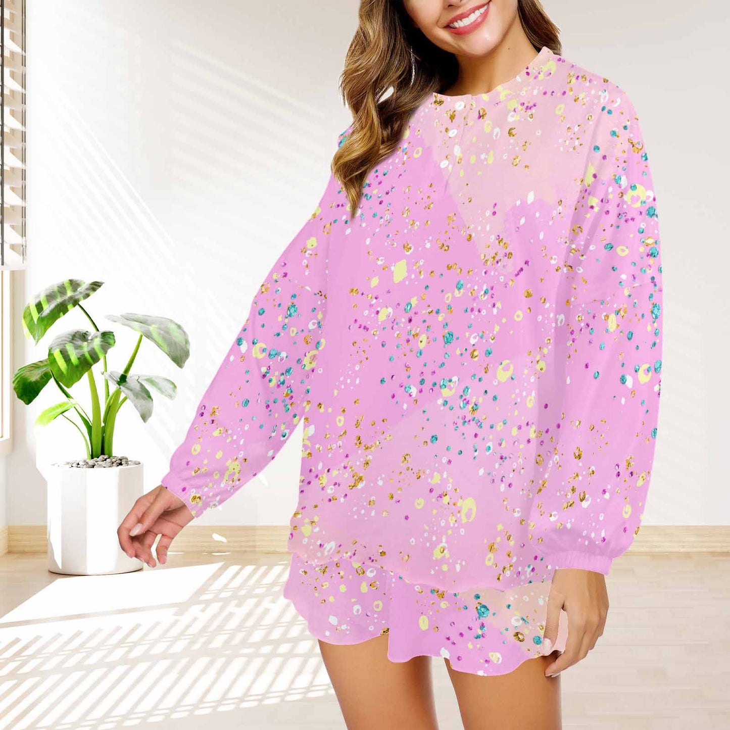 Pink Splash  Women's Long Sleeve Pajama Set with Shorts