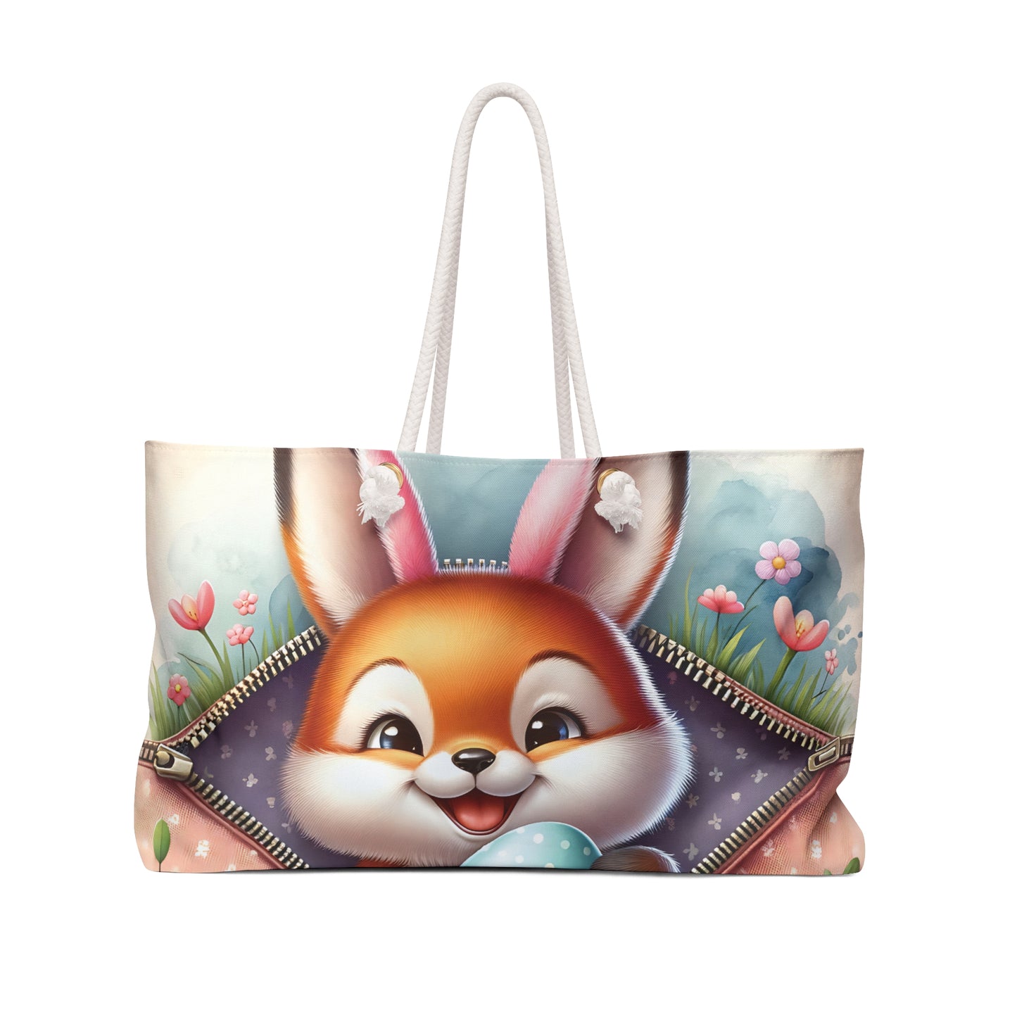 Personalised/Non-Personalised Weekender Bag, Easter, Cute Fox with Bunny Ears, Large Weekender Bag, Beach Bag, Book Bag