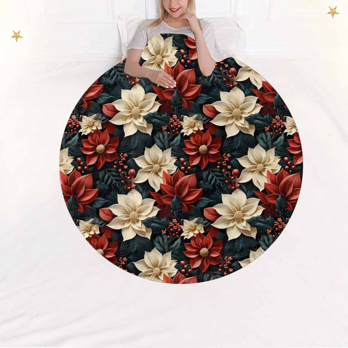 Red Poinsettia  Circular Micro Fleece Blanket 60"