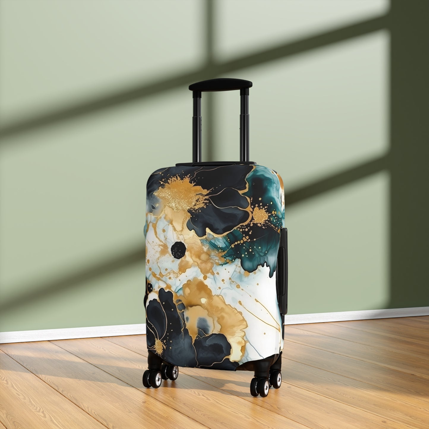 Luggage Cover, Alcohol Ink Black, Green and Gold Floral