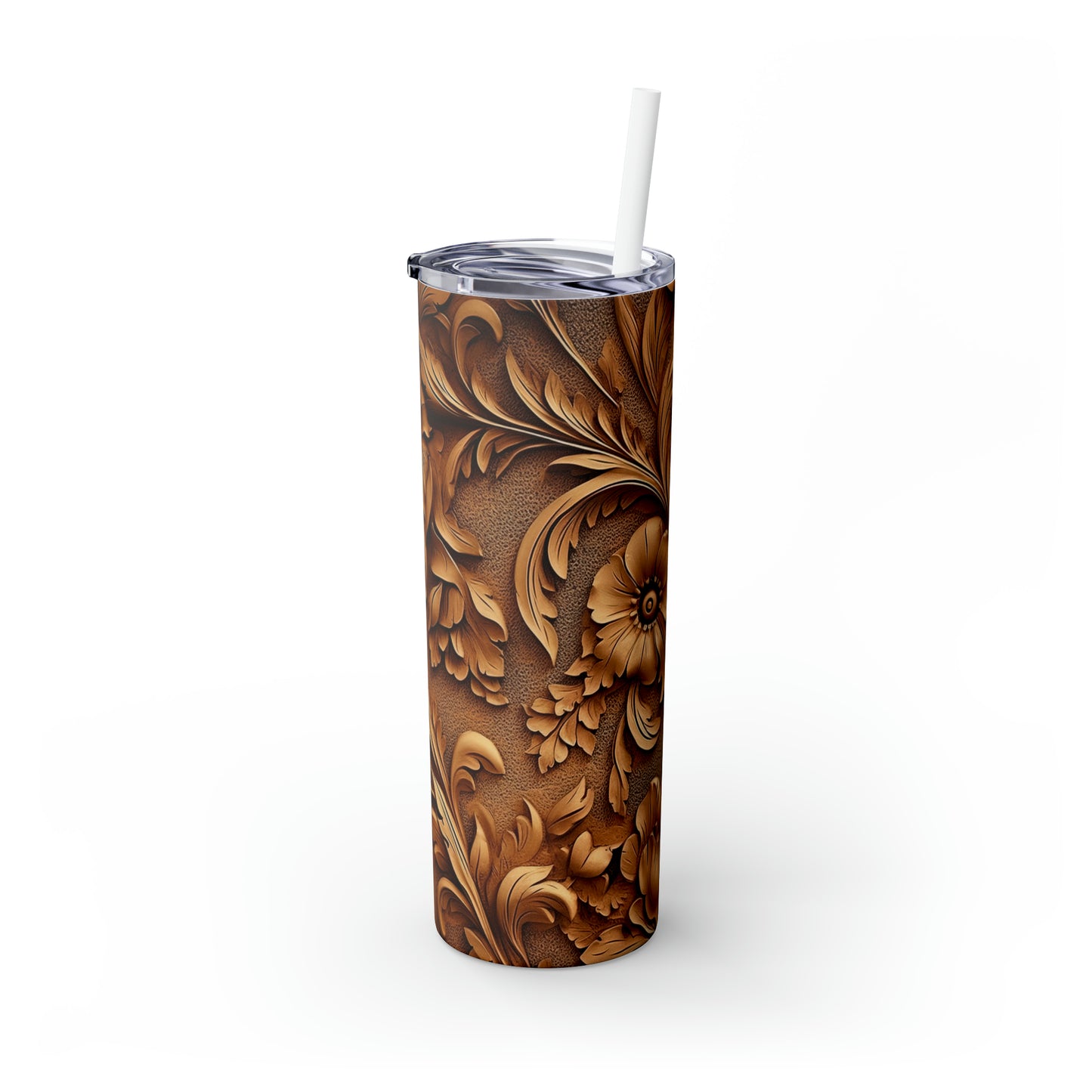 Skinny Tumbler with Straw, 20oz,  Floral carved wood/leather look awd-347