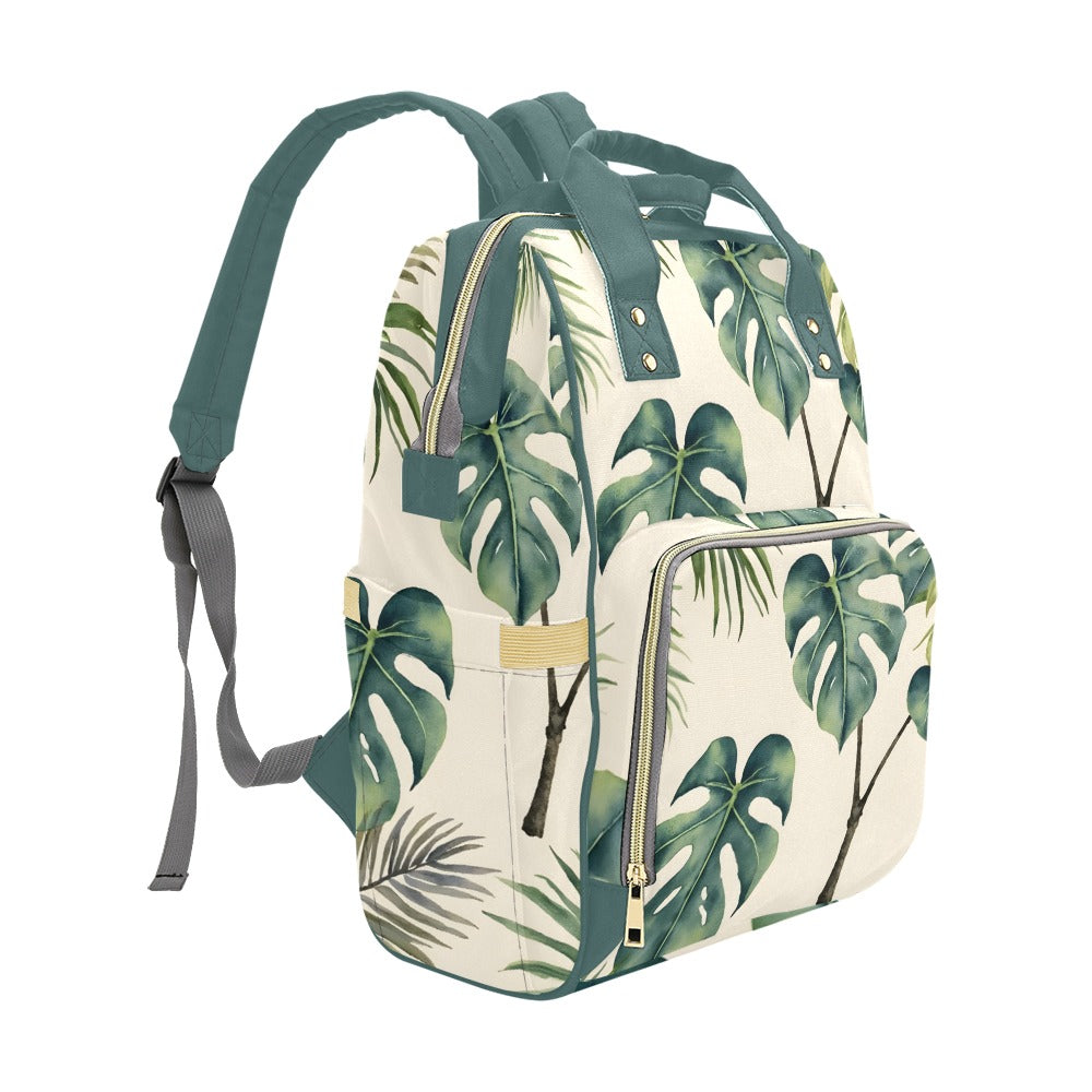 Monsteria leaves pattern cream bg Multi-Function Diaper Backpack/Diaper Bag (Model 1688)