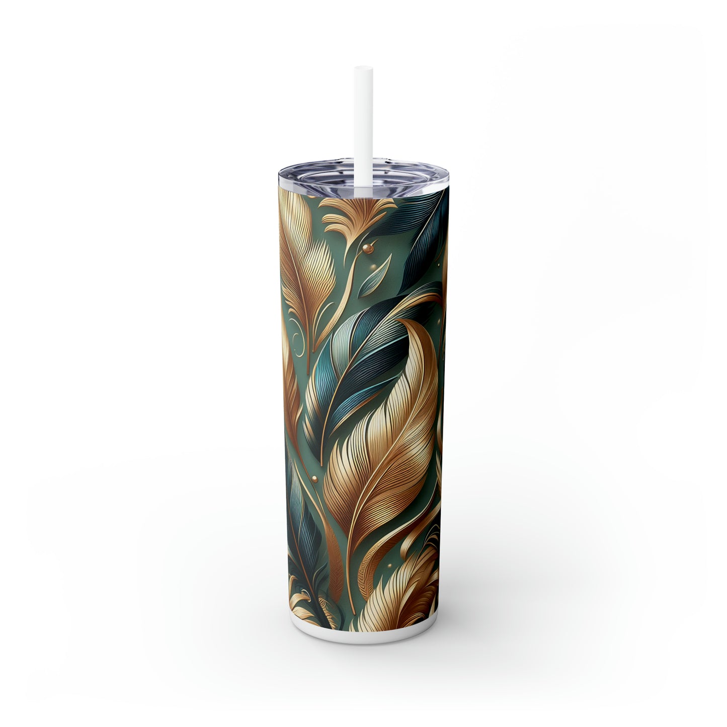 Skinny Tumbler with Straw, 20oz, Green and Gold Leaves, awd-307