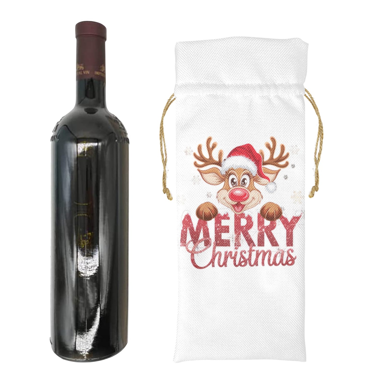 Merry Christmas Reindeer Linen Wine Bottle Bag