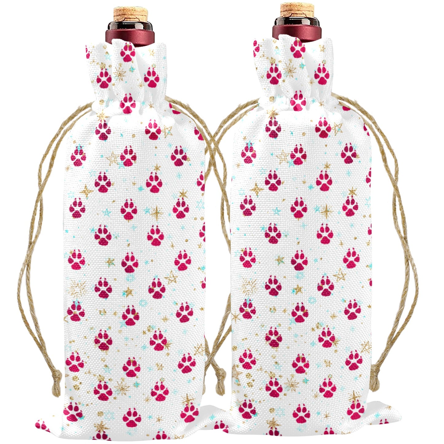 Dog Paws Red Linen Wine Bottle Bag