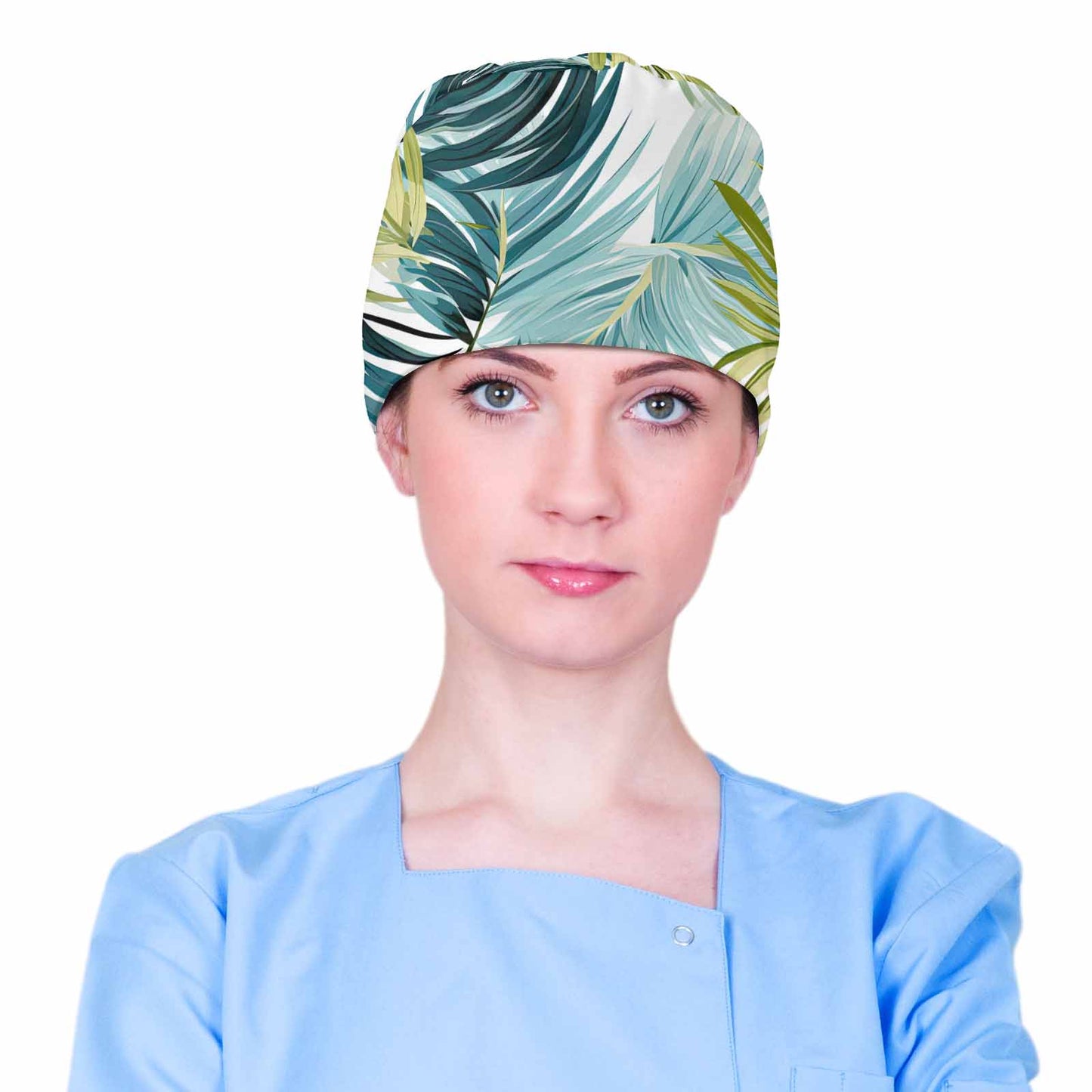 Tropical Palm Leaves Blue and Green  Scrub Cap