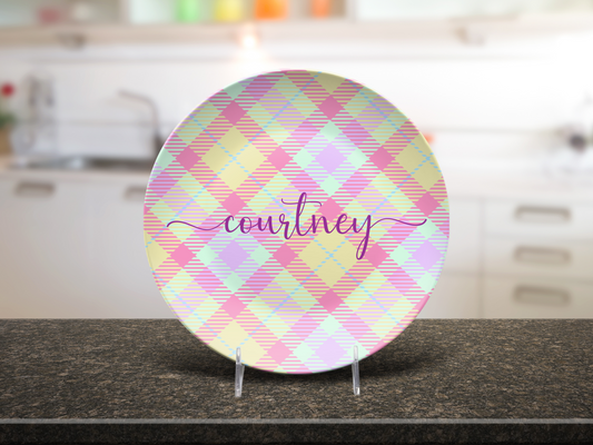 Pastel Plaid Pink Lemon Lilac Personalised Plate