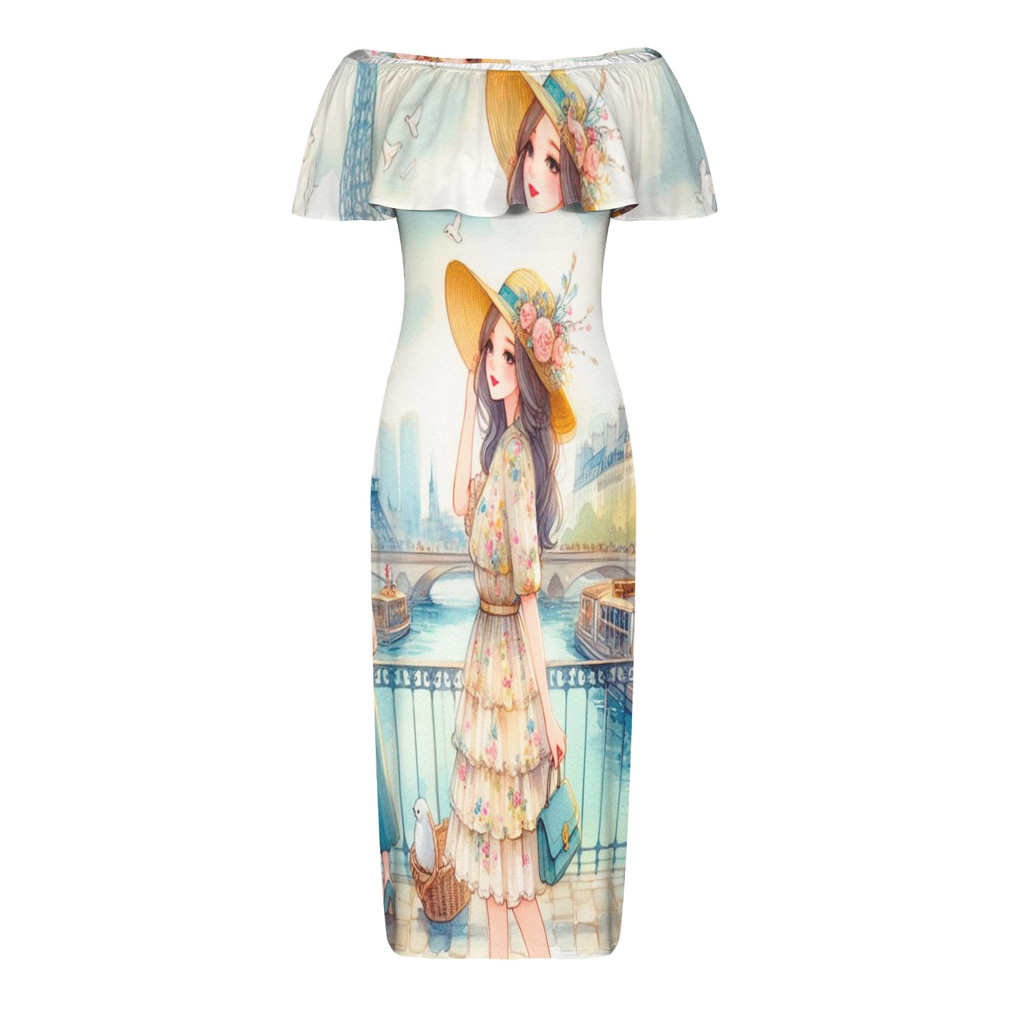 Girl 9 Women's Off Shoulder Ruffle Boat Neck Dress (Model D71)