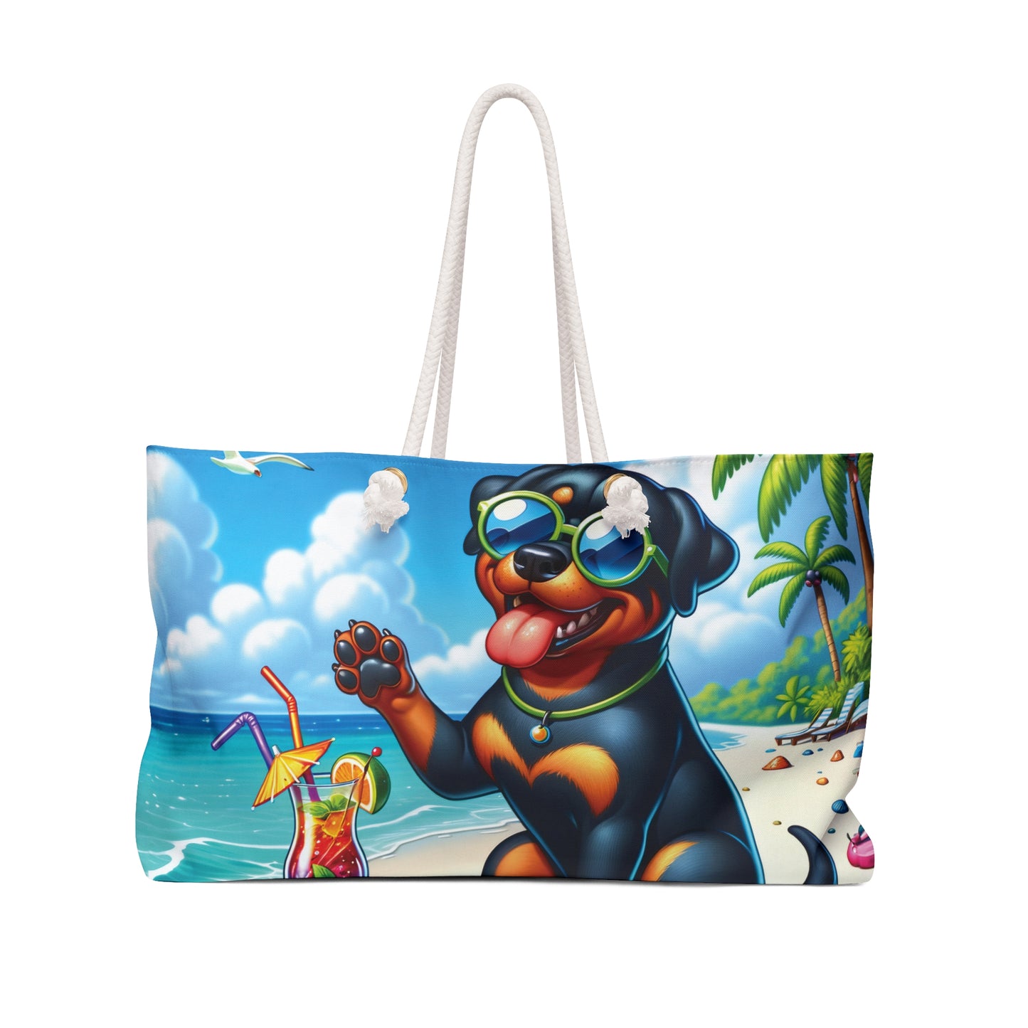 Personalised/Non-Personalised Weekender Bag, Summer Beach Dog, Rottweiler, Large Weekender Bag, Beach Bag, Book Bag