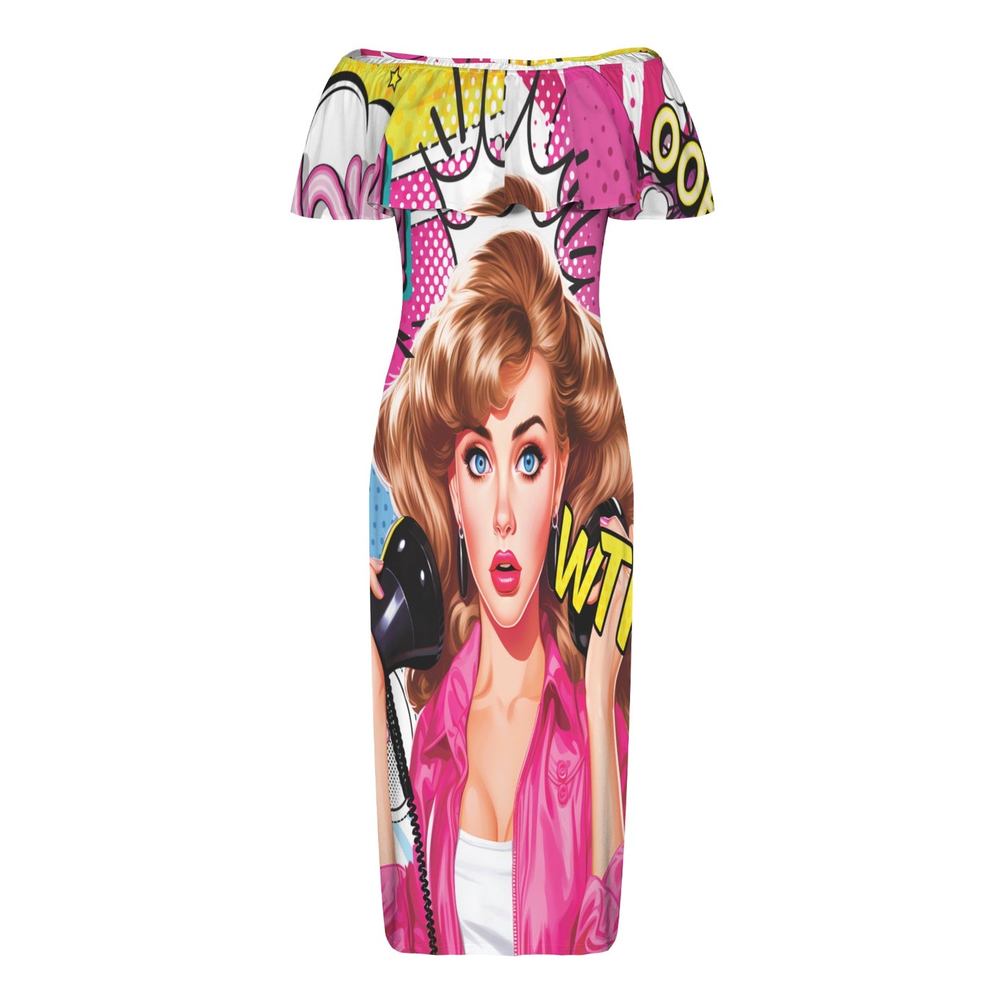 Pop Art awd444 Women's Off Shoulder Ruffle Boat Neck Dress (Model D71)