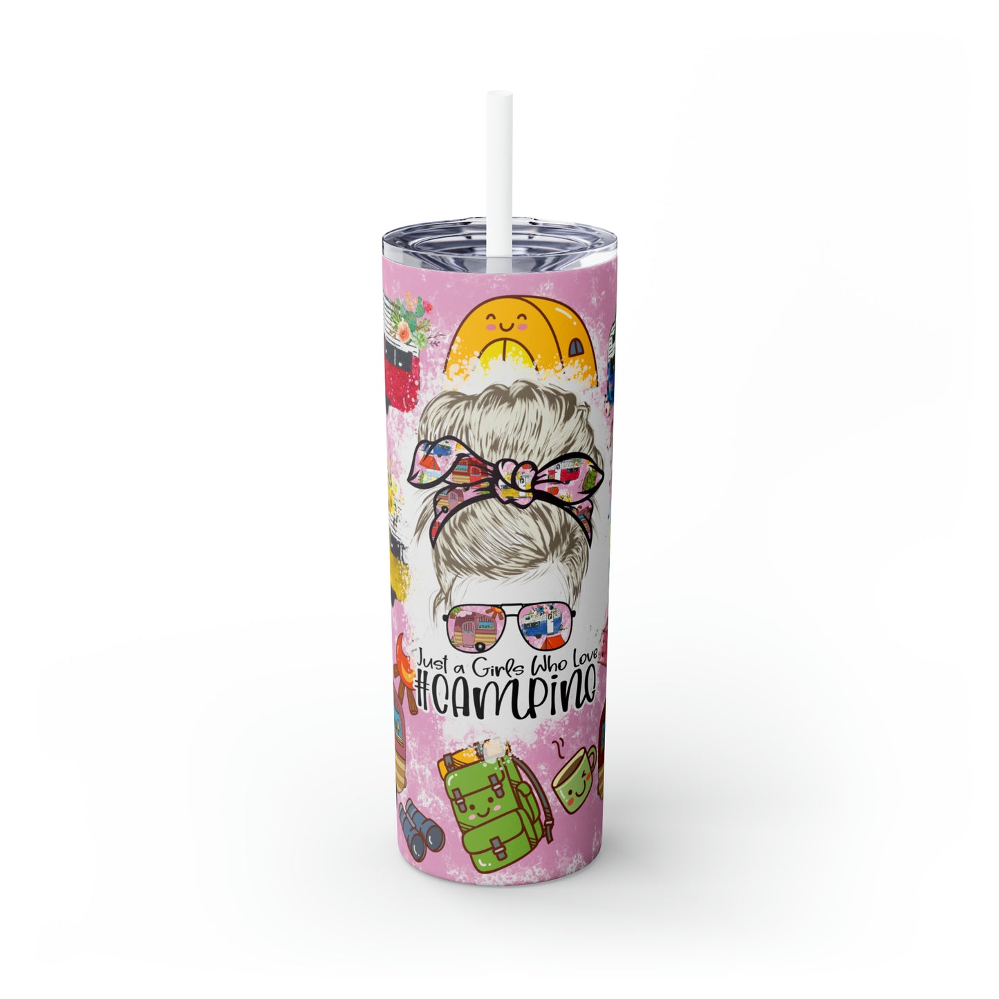 Skinny Tumbler with Straw, 20oz, Just A Girl who Loves Camping