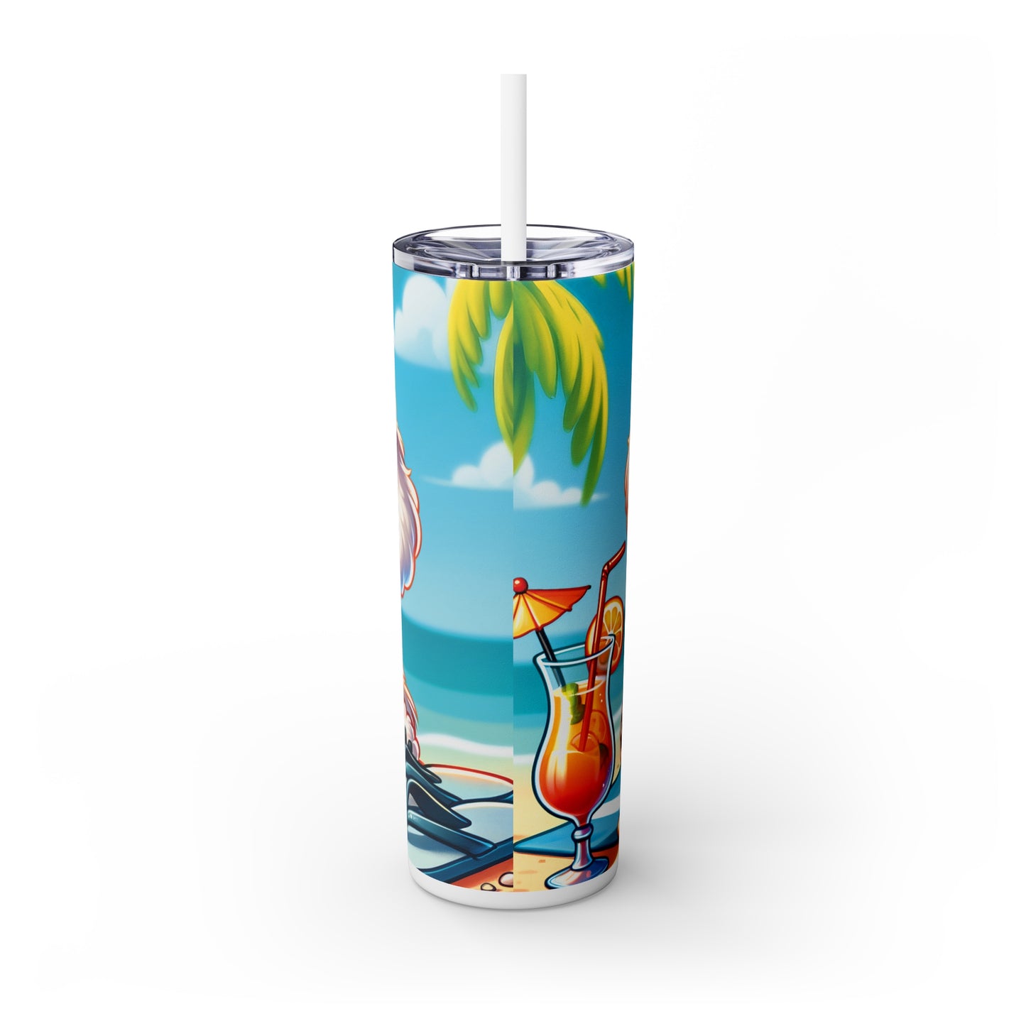 Skinny Tumbler with Straw, 20oz, Dog on Beach, Bichon Frise, awd-1107