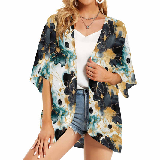 Black Gold & Green Ink Floral Women's Kimono Chiffon Cover Up