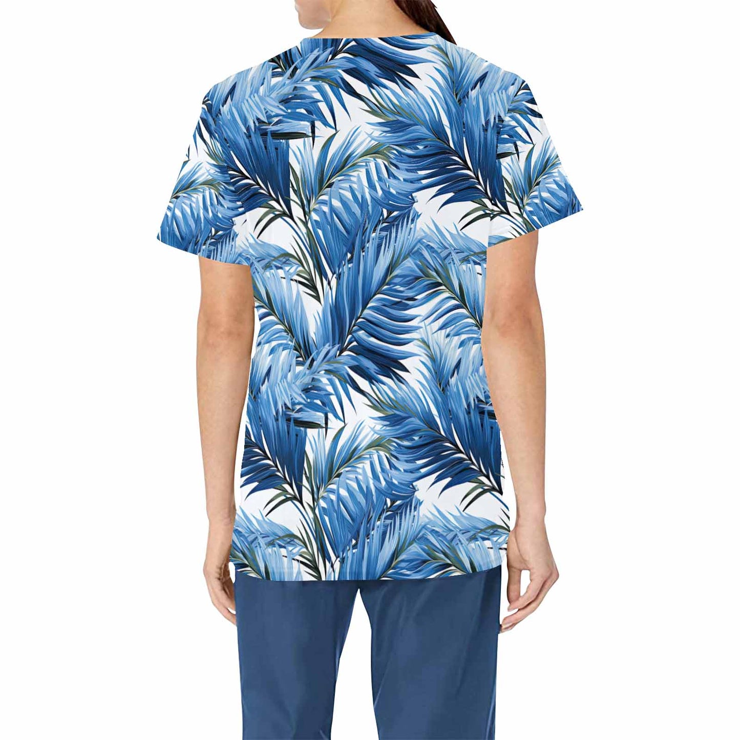 Tropical Palm Leaves  Women's V Neck Scrub Top Nurse Uniform with Deep Front Pockets