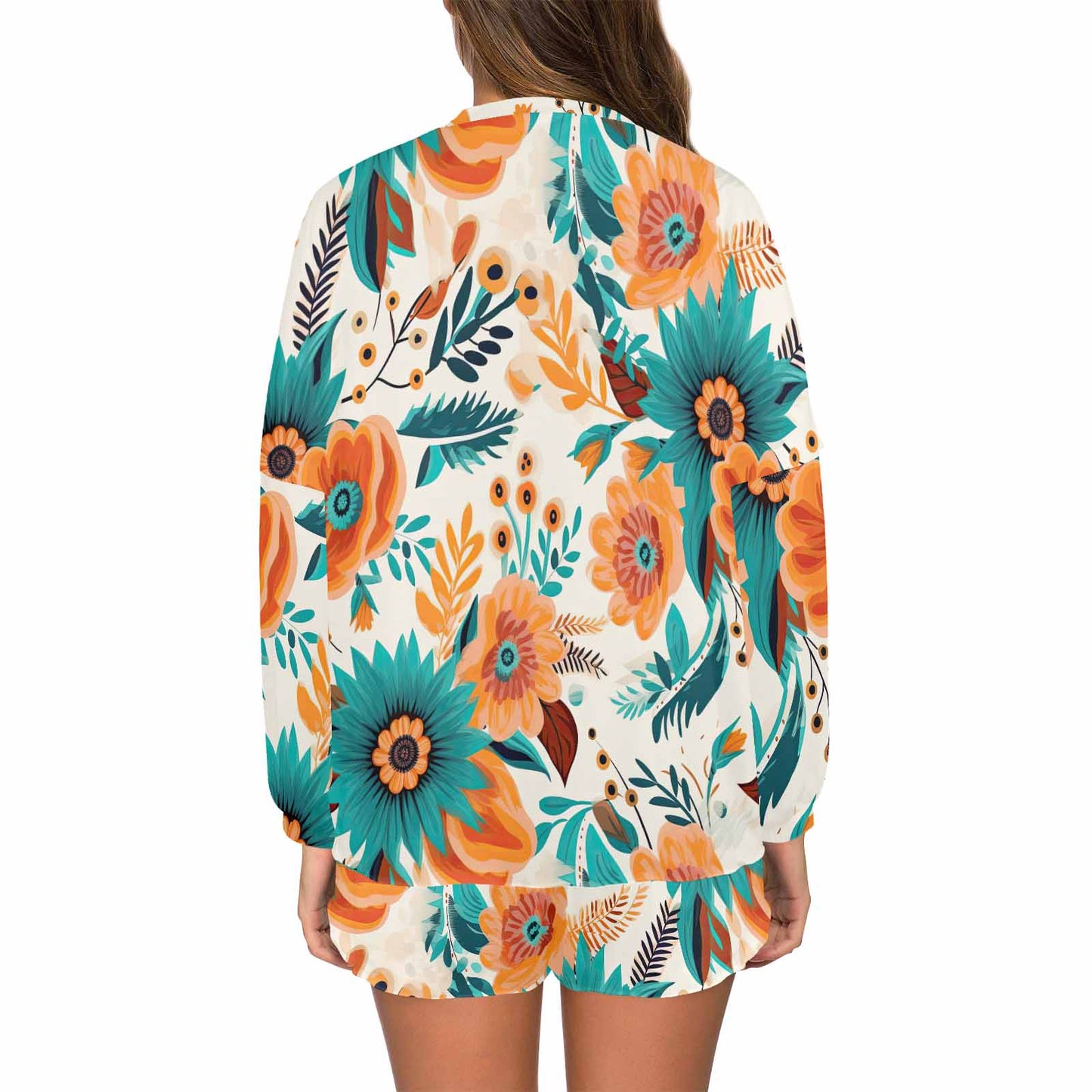 Boho Retro Floral  Women's Long Sleeve Pajama Set with Shorts