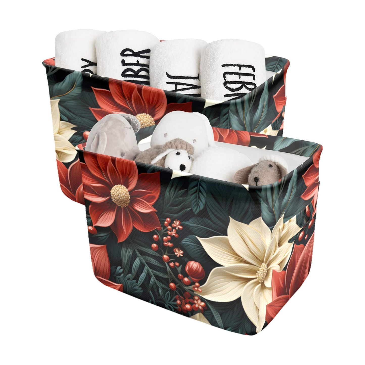 Red Poinsettia Fabric Storage Basket