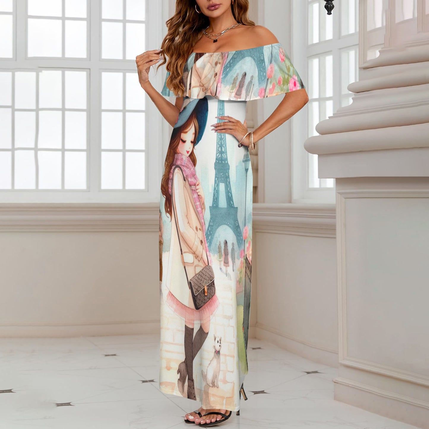 Girl 8 Women's Off Shoulder Ruffle Boat Neck Dress (Model D71)