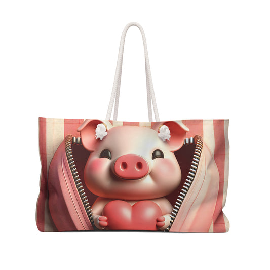 Personalised/Non-Personalised Weekender Bag, Cute Pig, Valentines Day, Large Weekender Bag, Beach Bag, Book Bag