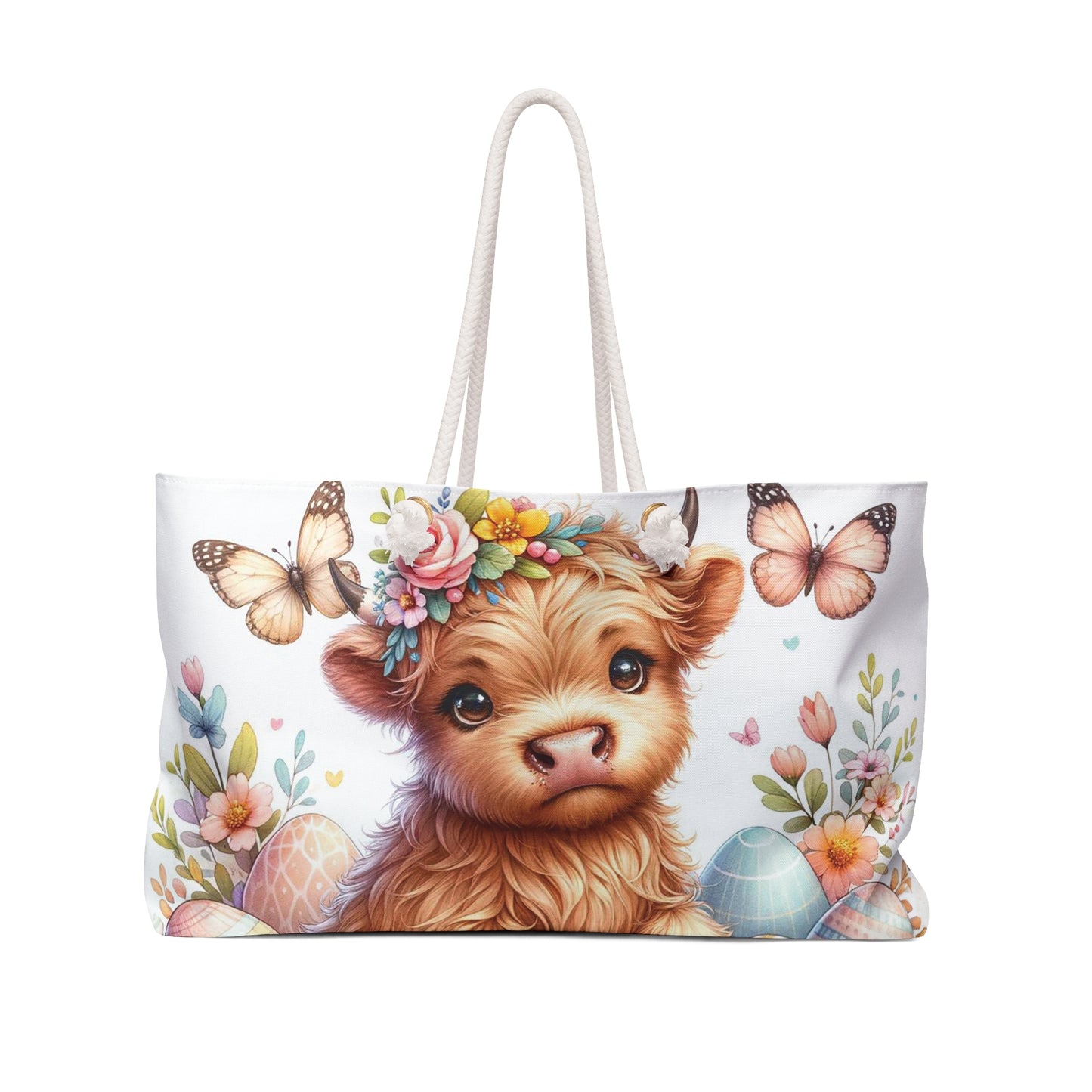 Personalised/Non-Personalised Weekender Bag, Easter, Highland Cow, Large Weekender Bag, Beach Bag, Book Bag