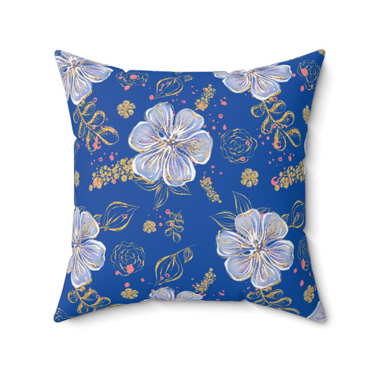 Spun Polyester Square Pillow, Blue Floral Cushion