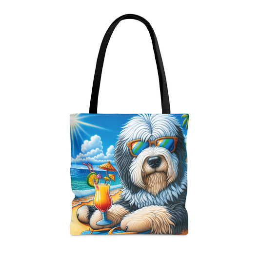 Tote Bag, Dog on Beach, Old English Sheepdog, Tote bag,  awd-1228