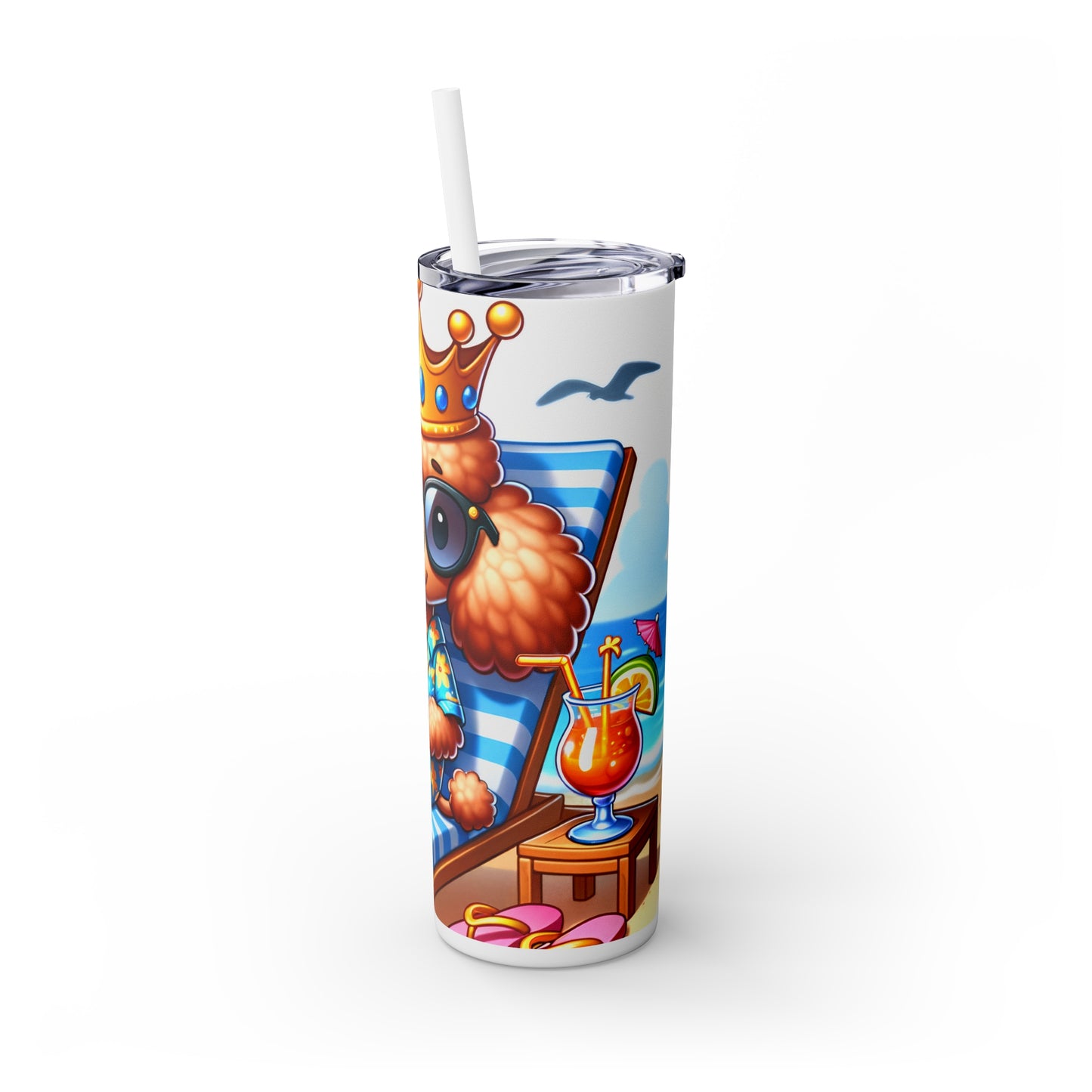 Skinny Tumbler with Straw, 20oz, Dog on Beach, Poodle with Crown, awd-1233