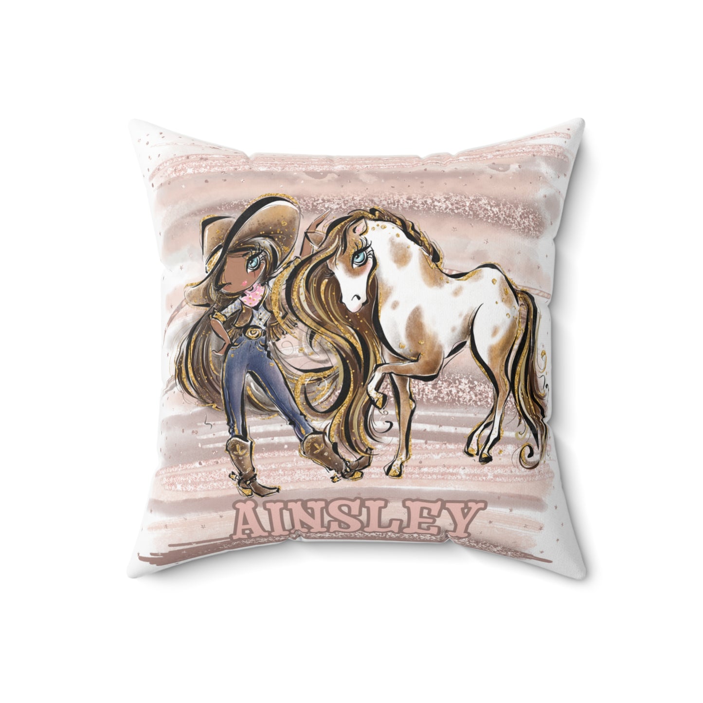 Personalised Cowgirl and Horse Cushion,  Brown Hair, Olive Skin, Blue Eyes, Polyester Square Cushion, Christmas cushion