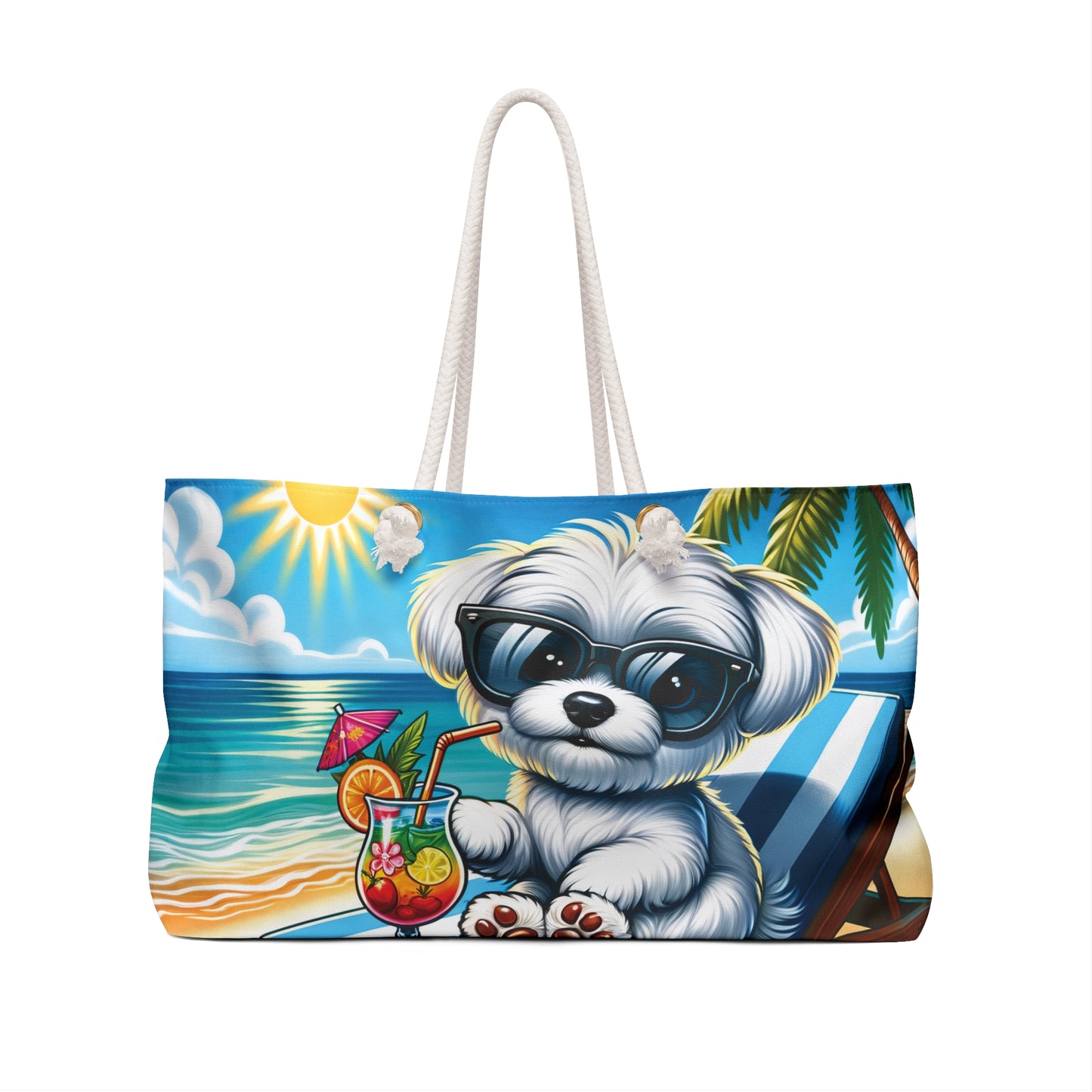 Personalised/Non-Personalised Weekender Bag, Summer Beach Dog, Maltese, Large Weekender Bag, Beach Bag, Book Bag