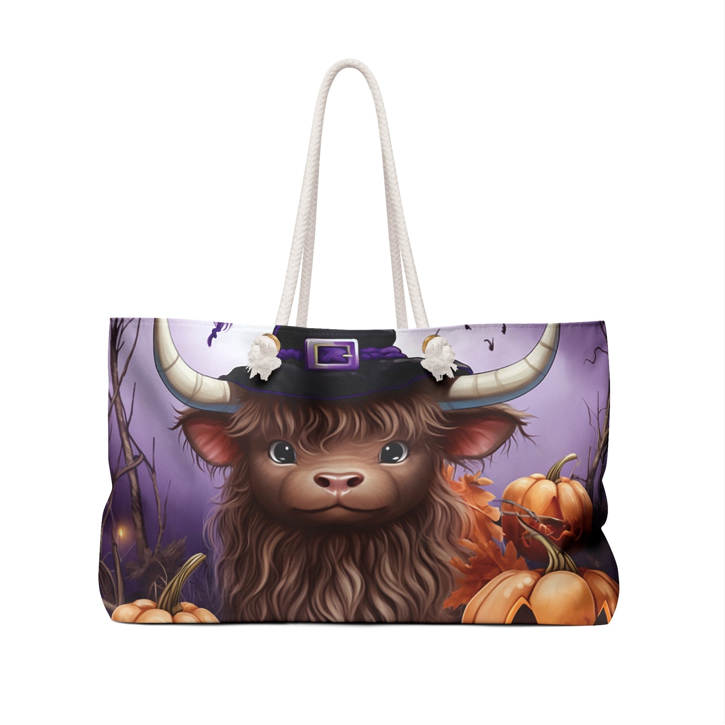 Personalised/Non-Personalised Weekender Bag, Halloween, Highland Cow, Large Weekender Bag, Beach Bag, Book Bag