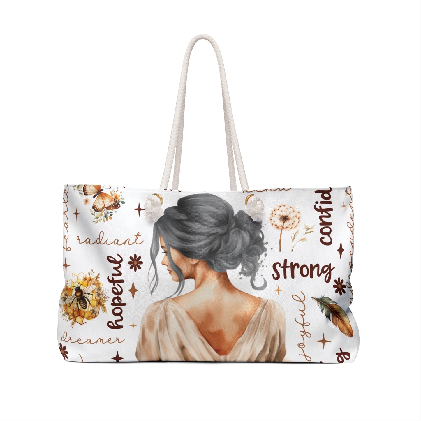 Personalised/Non-Personalised Weekender Bag, Lady Grey Hair, Affirmations, Large Weekender Bag, Beach Bag, Book Bag